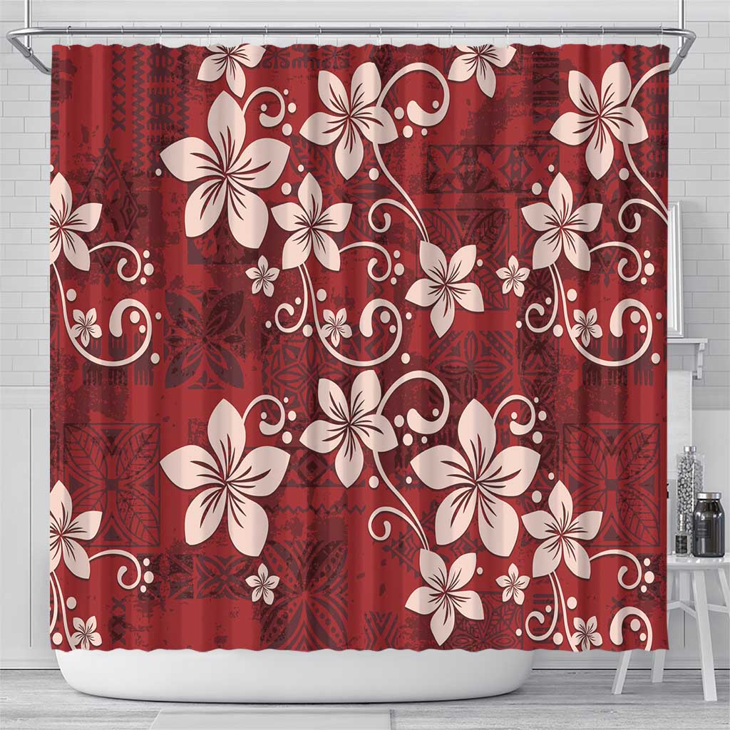 Plumeria Floral Tapa Pattern Oxblood Red Shower Curtain