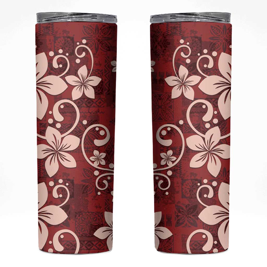 Plumeria Floral Tapa Pattern Oxblood Red Skinny Tumbler