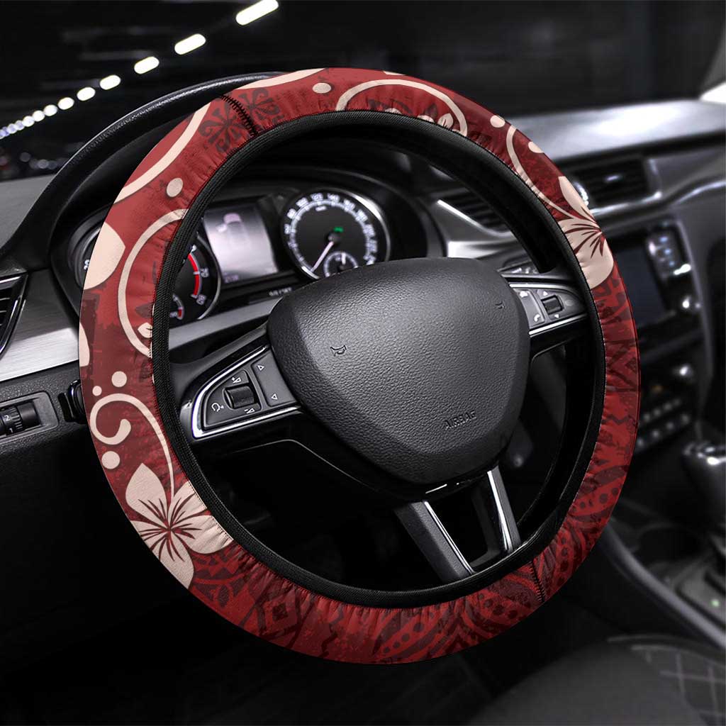 Plumeria Floral Tapa Pattern Oxblood Red Steering Wheel Cover LT01 Universal Fit Red - Polynesian Pride