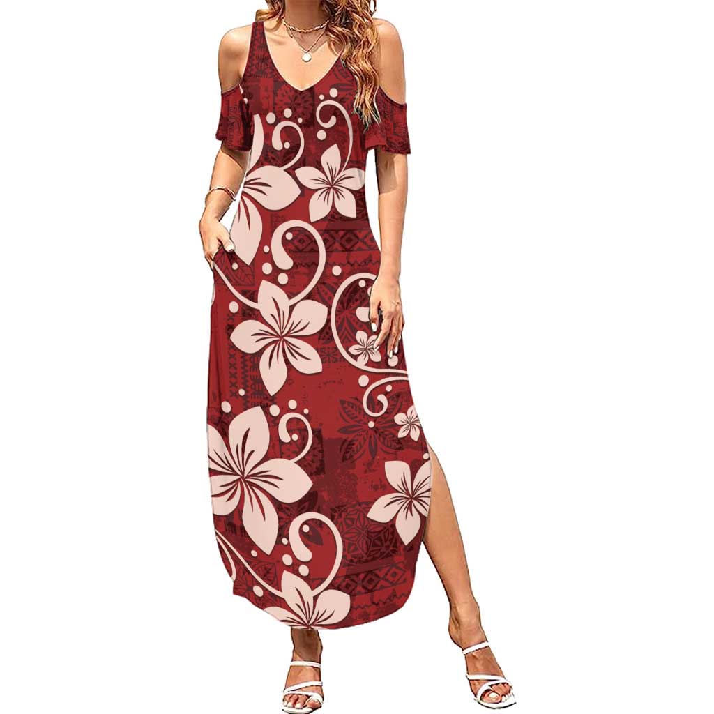 Plumeria Floral Tapa Pattern Oxblood Red Summer Maxi Dress LT01 Women Red - Polynesian Pride