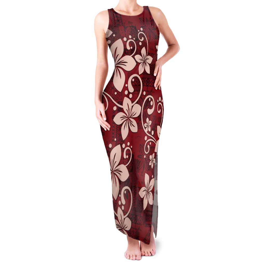 Plumeria Floral Tapa Pattern Oxblood Red Tank Maxi Dress LT01 Women Red - Polynesian Pride