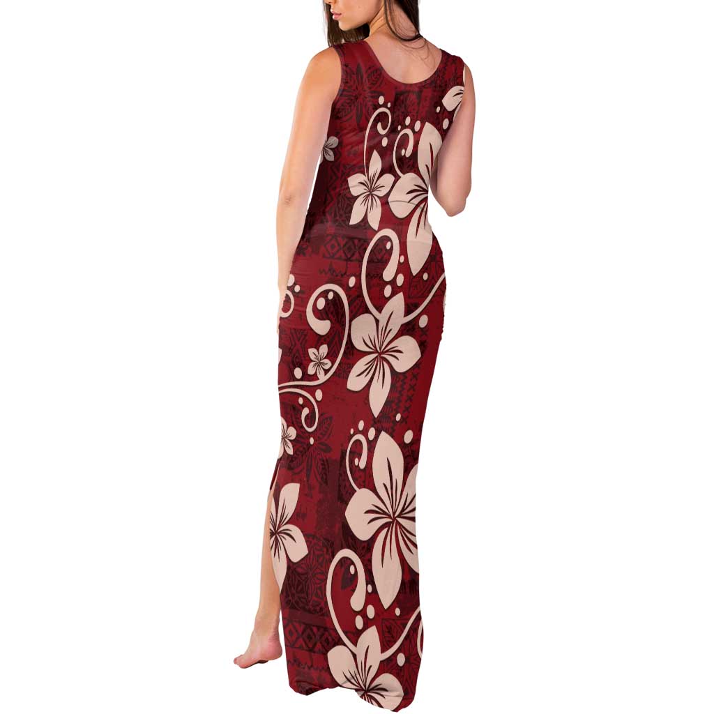 Plumeria Floral Tapa Pattern Oxblood Red Tank Maxi Dress LT01 - Polynesian Pride