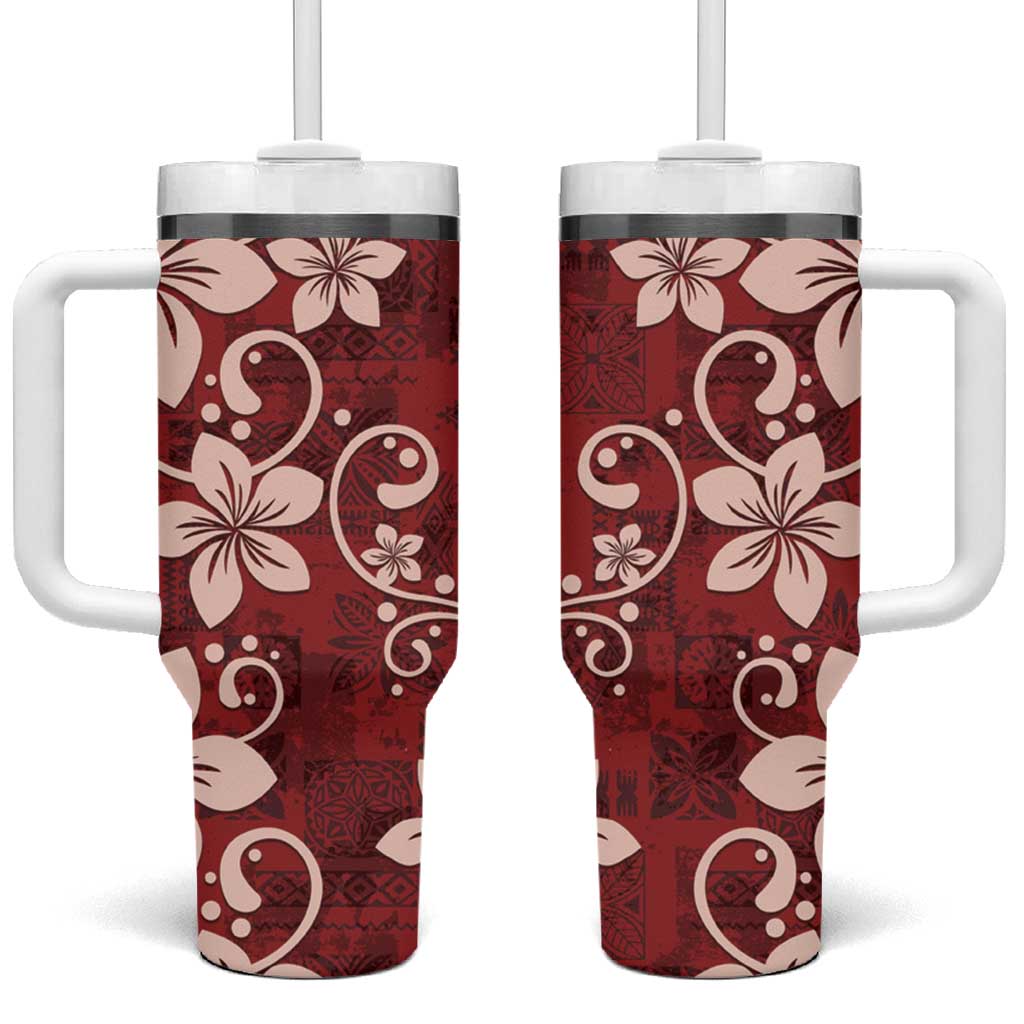 Plumeria Floral Tapa Pattern Oxblood Red Tumbler With Handle