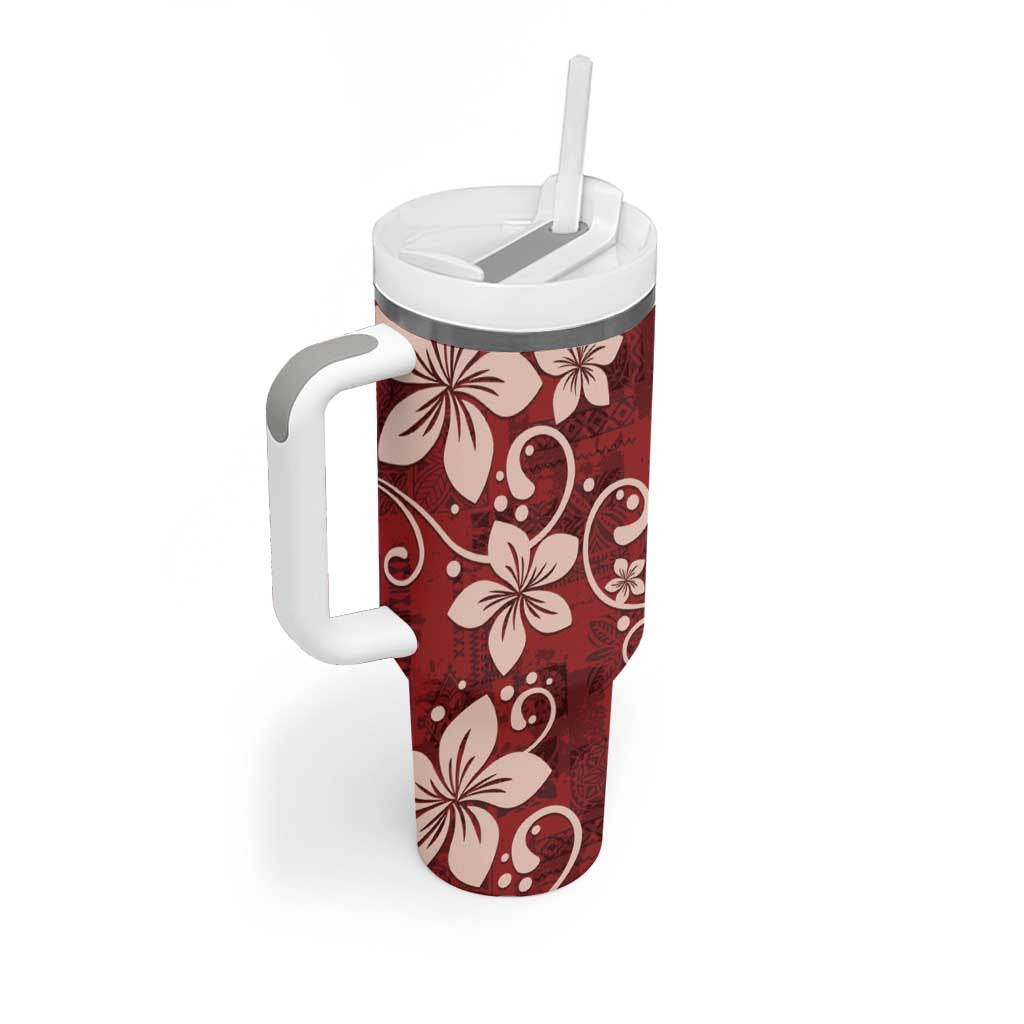 Plumeria Floral Tapa Pattern Oxblood Red Tumbler With Handle LT01 - Polynesian Pride