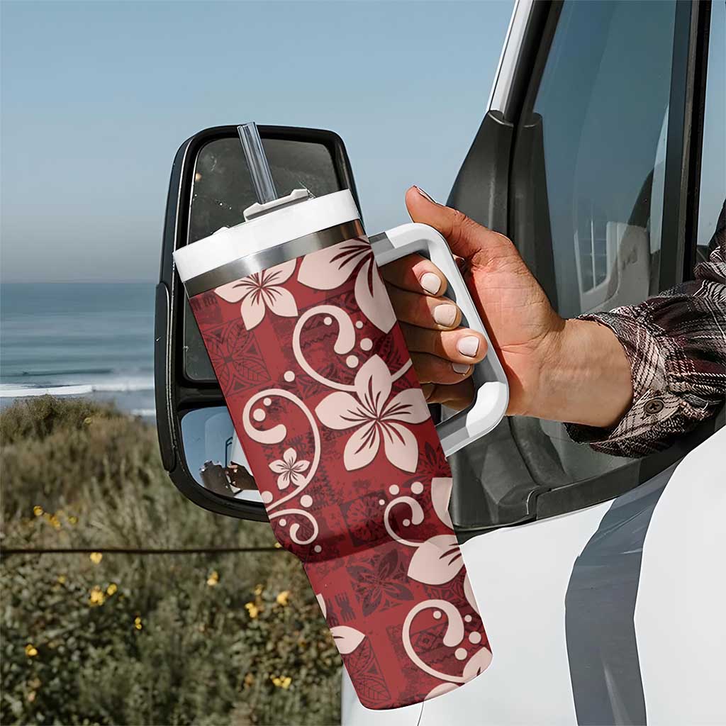 Plumeria Floral Tapa Pattern Oxblood Red Tumbler With Handle LT01 - Polynesian Pride