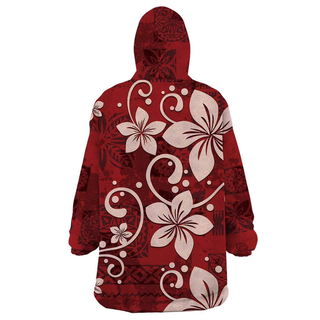 Plumeria Floral Tapa Pattern Oxblood Red Wearable Blanket Hoodie LT01 - Polynesian Pride