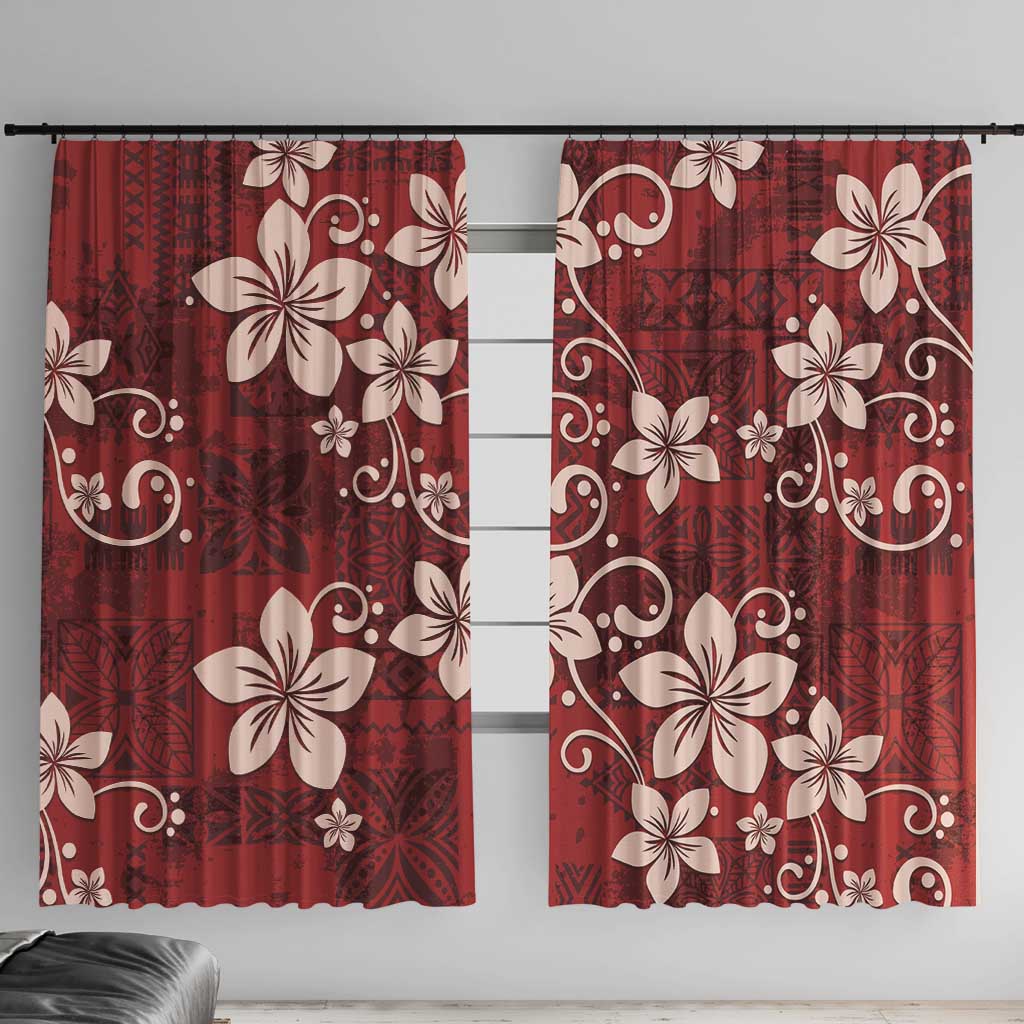 Plumeria Floral Tapa Pattern Oxblood Red Window Curtain LT01 With Hooks Red - Polynesian Pride