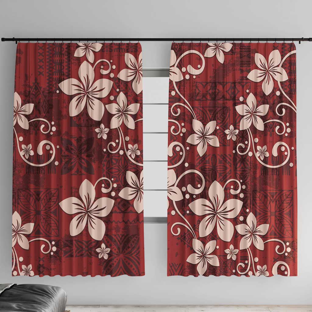 Plumeria Floral Tapa Pattern Oxblood Red Window Curtain