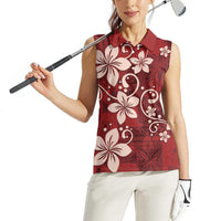 Plumeria Floral Tapa Pattern Oxblood Red Women Sleeveless Polo Shirt
