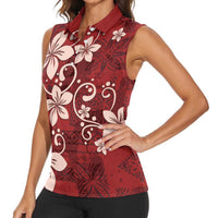 Plumeria Floral Tapa Pattern Oxblood Red Women Sleeveless Polo Shirt