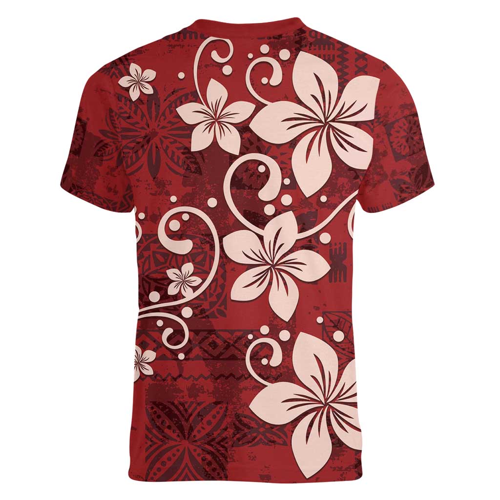 Plumeria Floral Tapa Pattern Oxblood Red Women V-Neck T-Shirt LT01 - Polynesian Pride