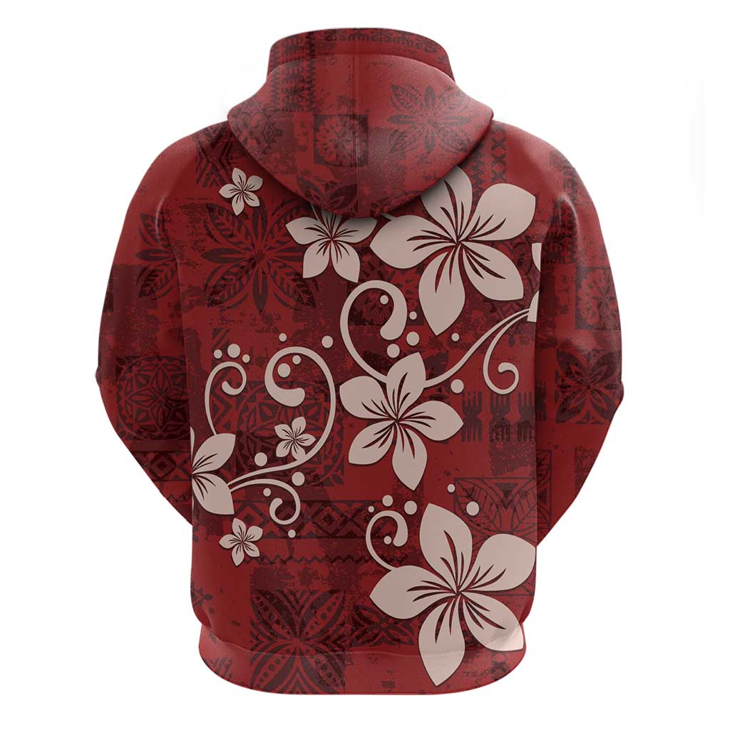 Plumeria Floral Tapa Pattern Oxblood Red Zip Hoodie
