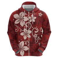 Plumeria Floral Tapa Pattern Oxblood Red Zip Hoodie