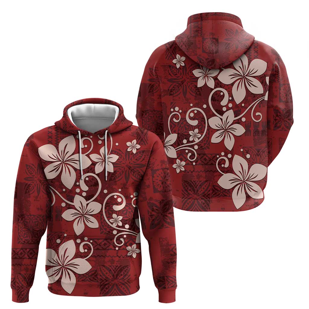 Plumeria Floral Tapa Pattern Oxblood Red Zip Hoodie