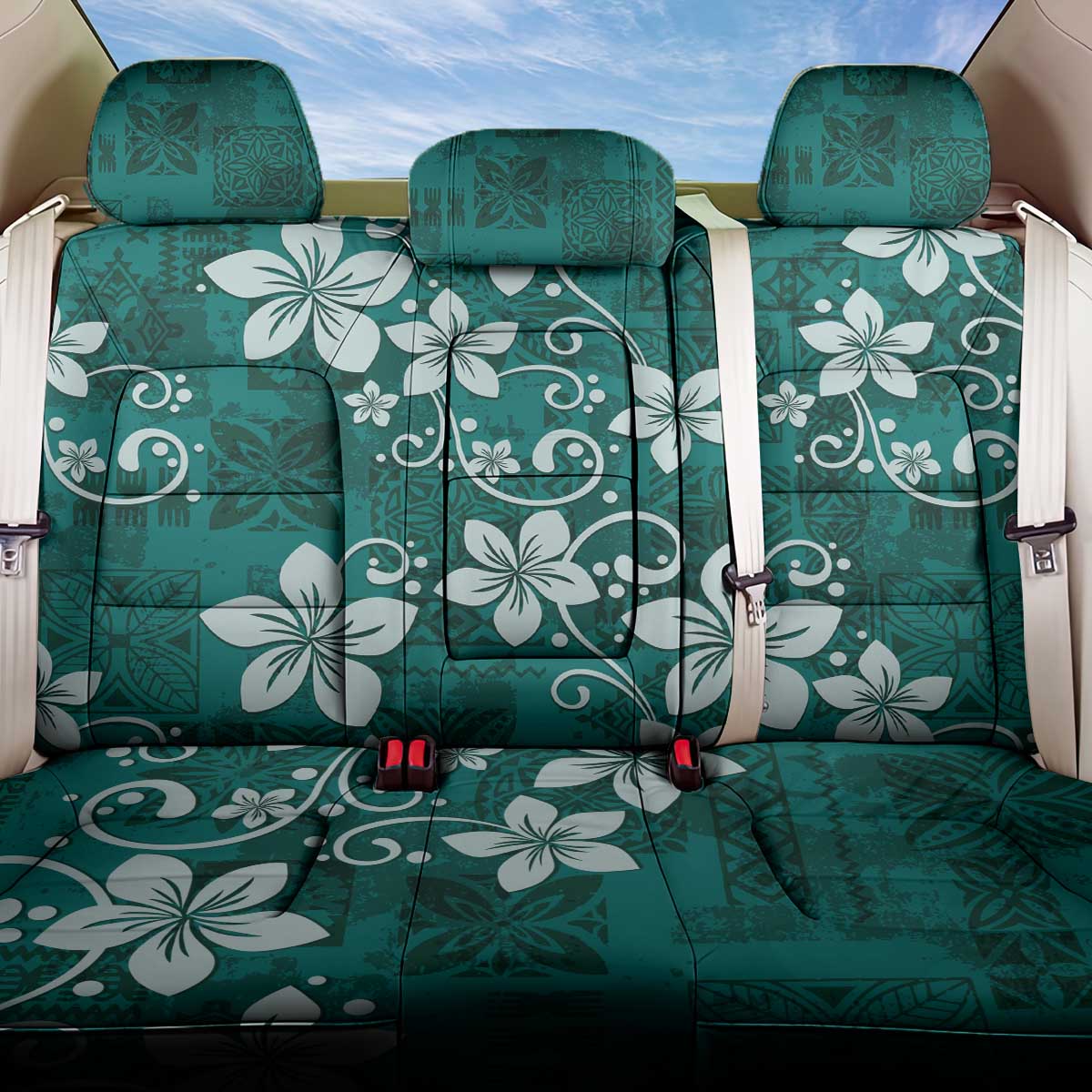 Plumeria Floral Tapa Pattern Crystal Teal Back Car Seat Cover