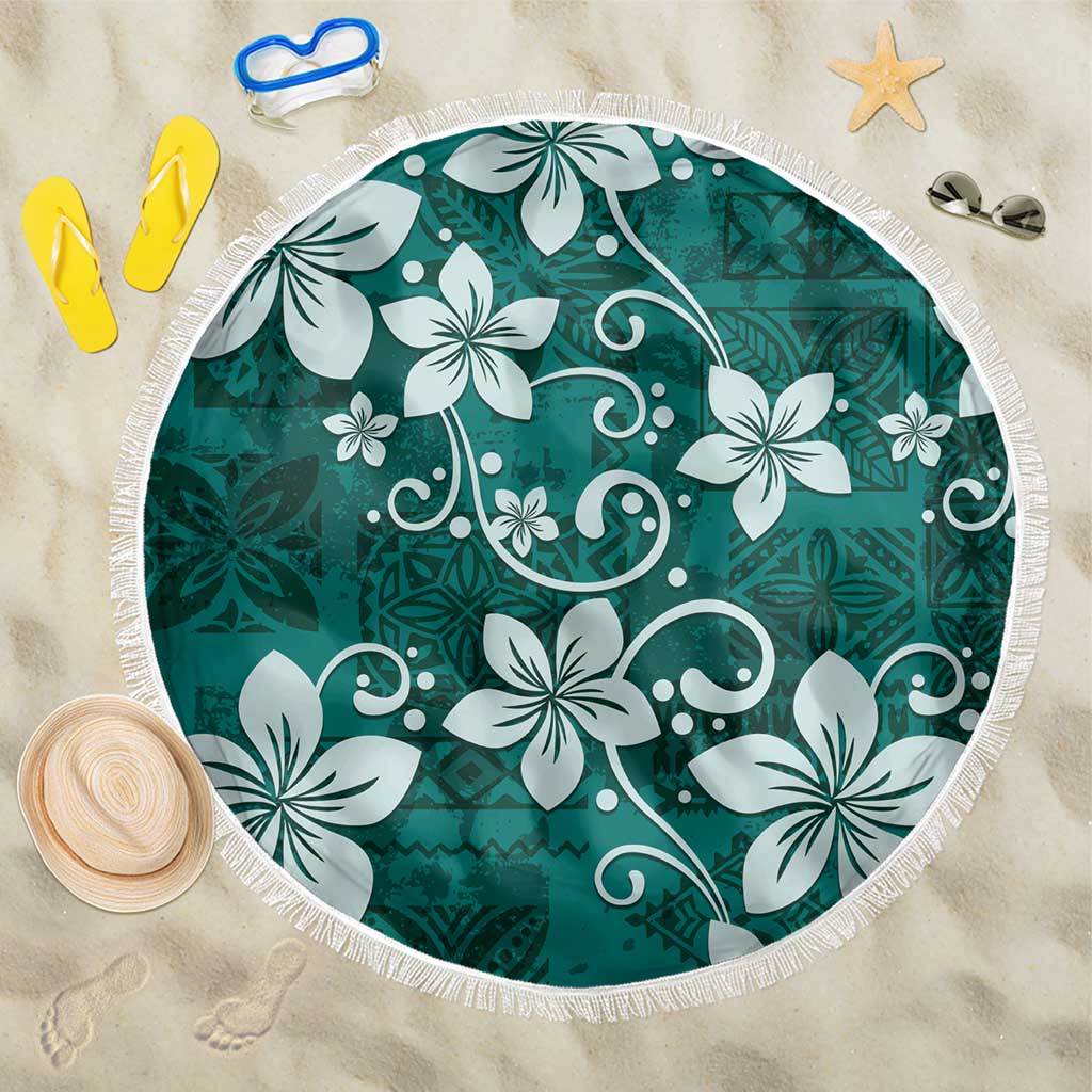 Plumeria Floral Tapa Pattern Crystal Teal Beach Blanket LT01 One Size 150cm Teal - Polynesian Pride