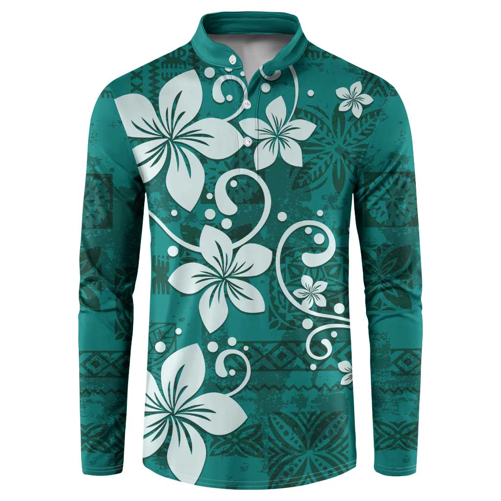 Plumeria Floral Tapa Pattern Crystal Teal Button Sweatshirt LT01 Teal - Polynesian Pride