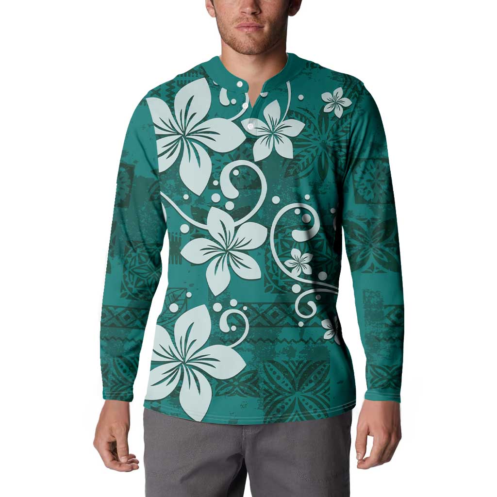 Plumeria Floral Tapa Pattern Crystal Teal Button Sweatshirt LT01 - Polynesian Pride