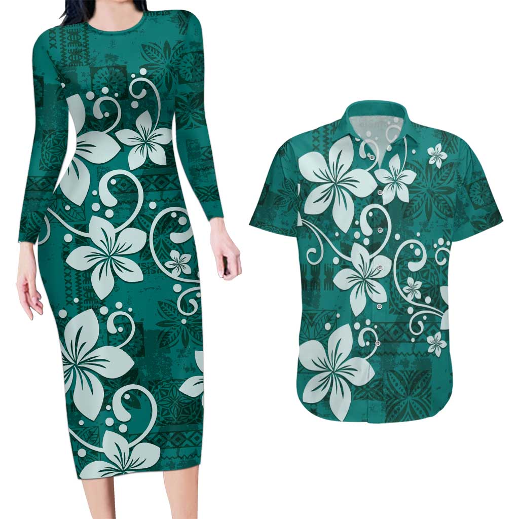 Plumeria Floral Tapa Pattern Crystal Teal Couples Matching Long Sleeve Bodycon Dress and Hawaiian Shirt