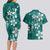 Plumeria Floral Tapa Pattern Crystal Teal Couples Matching Long Sleeve Bodycon Dress and Hawaiian Shirt