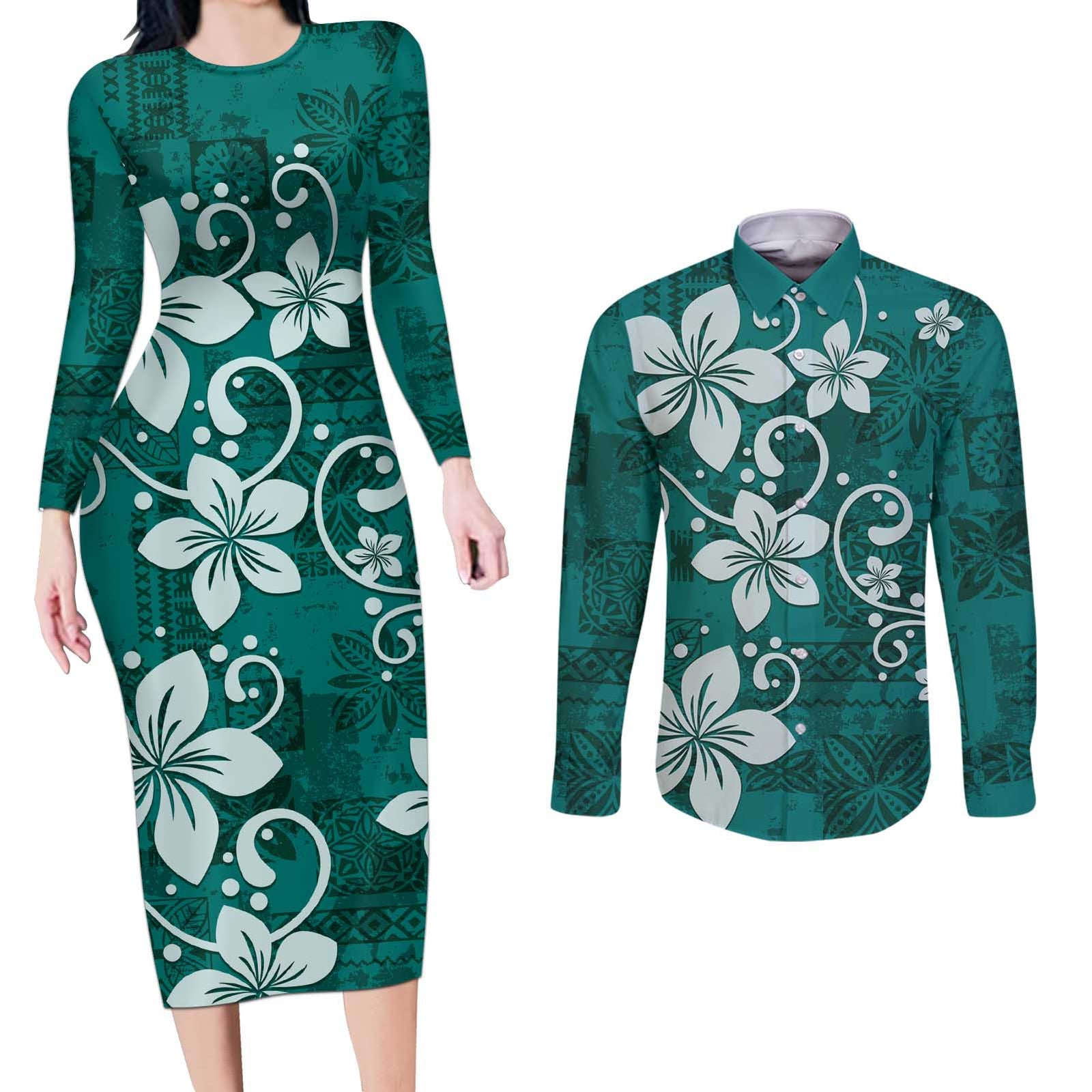 Plumeria Floral Tapa Pattern Crystal Teal Couples Matching Long Sleeve Bodycon Dress and Long Sleeve Button Shirt LT01 Teal - Polynesian Pride