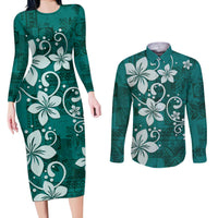 Plumeria Floral Tapa Pattern Crystal Teal Couples Matching Long Sleeve Bodycon Dress and Long Sleeve Button Shirt LT01 Teal - Polynesian Pride