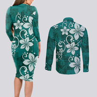 Plumeria Floral Tapa Pattern Crystal Teal Couples Matching Long Sleeve Bodycon Dress and Long Sleeve Button Shirt LT01 - Polynesian Pride