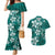 Plumeria Floral Tapa Pattern Crystal Teal Couples Matching Mermaid Dress and Hawaiian Shirt