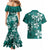 Plumeria Floral Tapa Pattern Crystal Teal Couples Matching Mermaid Dress and Hawaiian Shirt