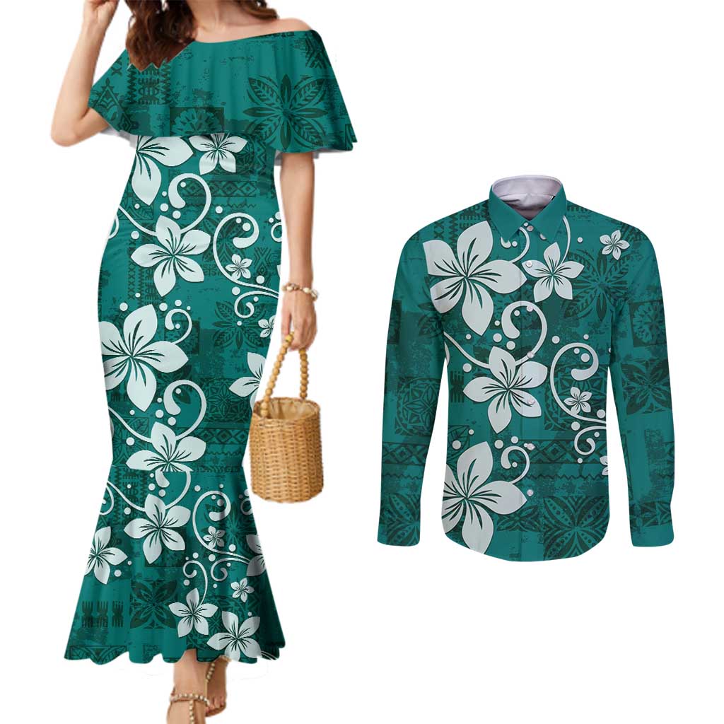 Plumeria Floral Tapa Pattern Crystal Teal Couples Matching Mermaid Dress and Long Sleeve Button Shirt LT01 Teal - Polynesian Pride