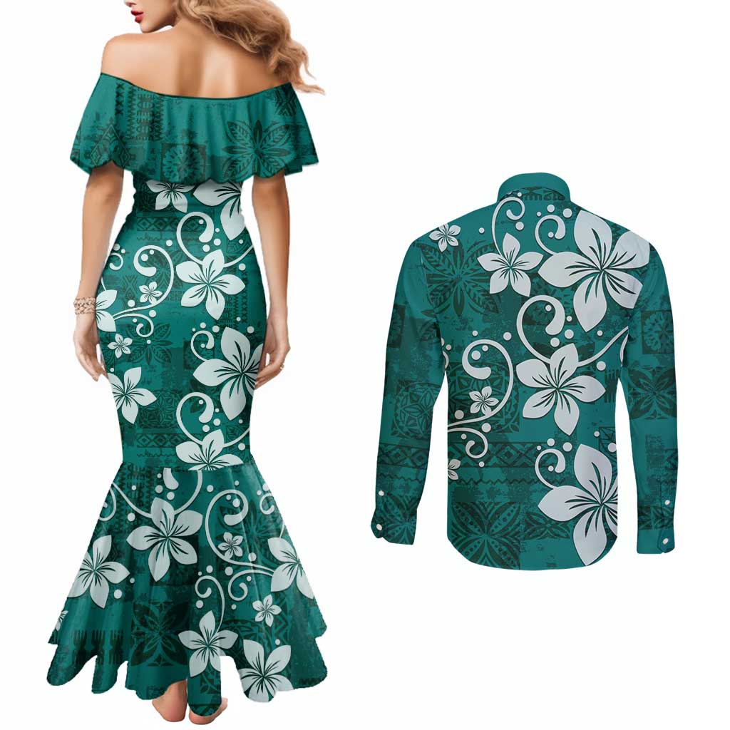 Plumeria Floral Tapa Pattern Crystal Teal Couples Matching Mermaid Dress and Long Sleeve Button Shirt LT01 - Polynesian Pride