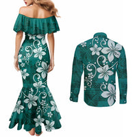 Plumeria Floral Tapa Pattern Crystal Teal Couples Matching Mermaid Dress and Long Sleeve Button Shirt LT01 - Polynesian Pride