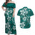 Plumeria Floral Tapa Pattern Crystal Teal Couples Matching Off Shoulder Maxi Dress and Hawaiian Shirt