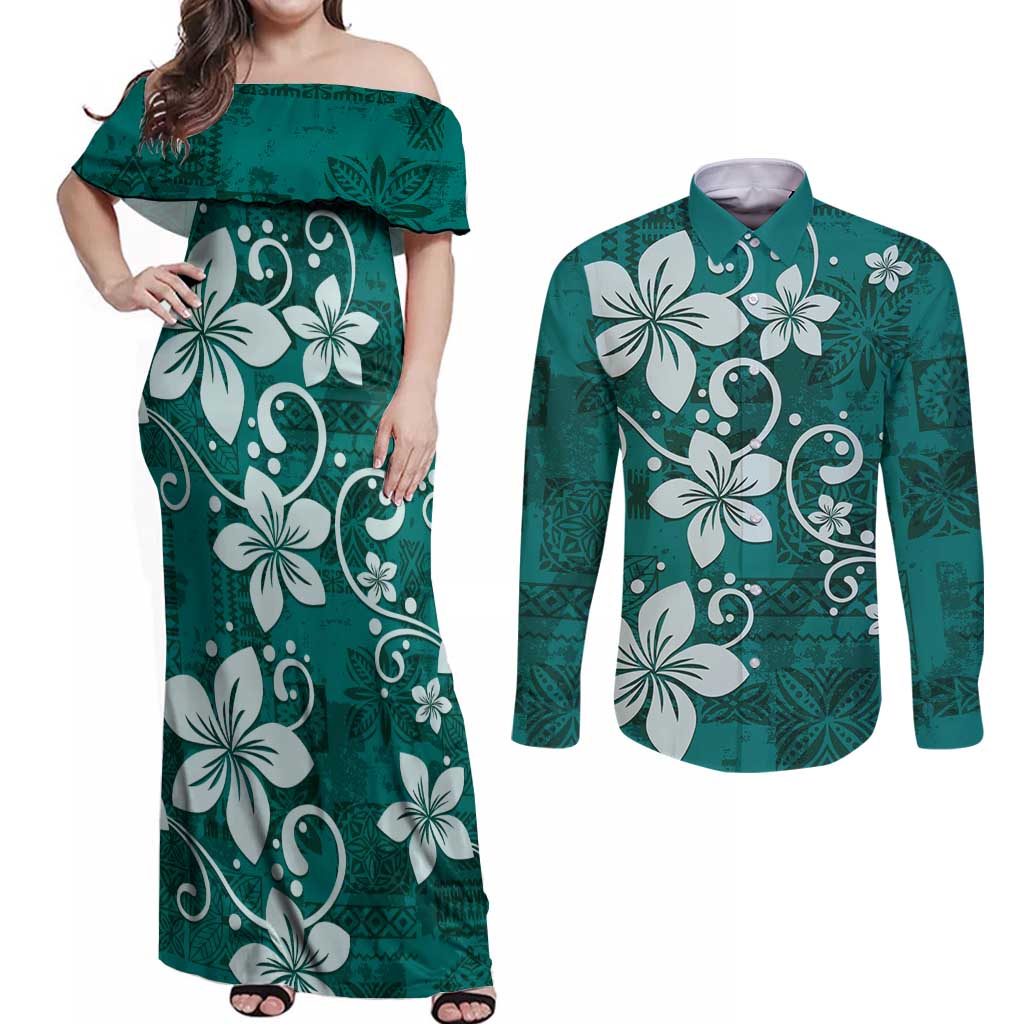Plumeria Floral Tapa Pattern Crystal Teal Couples Matching Off Shoulder Maxi Dress and Long Sleeve Button Shirt LT01 Teal - Polynesian Pride