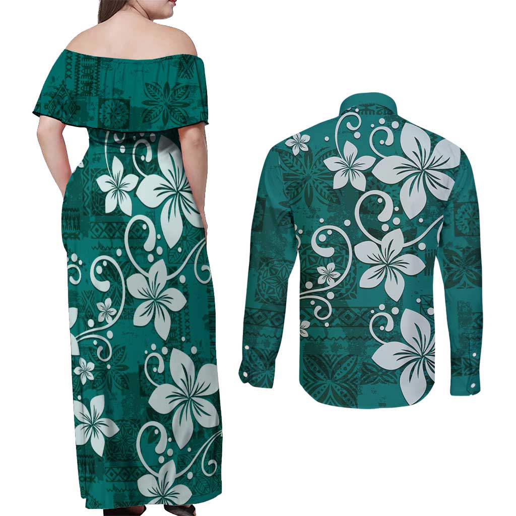 Plumeria Floral Tapa Pattern Crystal Teal Couples Matching Off Shoulder Maxi Dress and Long Sleeve Button Shirt LT01 - Polynesian Pride