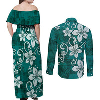 Plumeria Floral Tapa Pattern Crystal Teal Couples Matching Off Shoulder Maxi Dress and Long Sleeve Button Shirt LT01 - Polynesian Pride