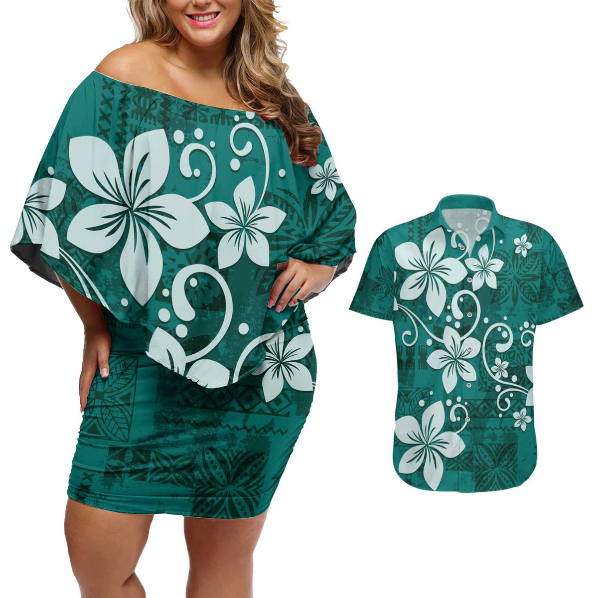 Plumeria Floral Tapa Pattern Crystal Teal Couples Matching Off Shoulder Short Dress and Hawaiian Shirt LT01 Teal - Polynesian Pride