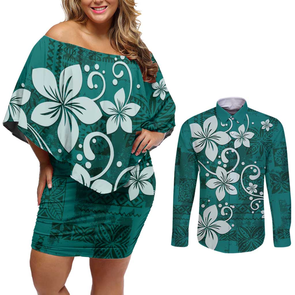 Plumeria Floral Tapa Pattern Crystal Teal Couples Matching Off Shoulder Short Dress and Long Sleeve Button Shirt LT01 Teal - Polynesian Pride