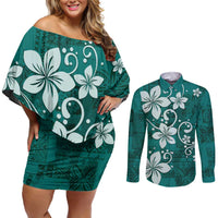 Plumeria Floral Tapa Pattern Crystal Teal Couples Matching Off Shoulder Short Dress and Long Sleeve Button Shirt LT01 Teal - Polynesian Pride