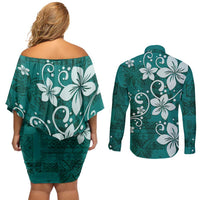 Plumeria Floral Tapa Pattern Crystal Teal Couples Matching Off Shoulder Short Dress and Long Sleeve Button Shirt LT01 - Polynesian Pride