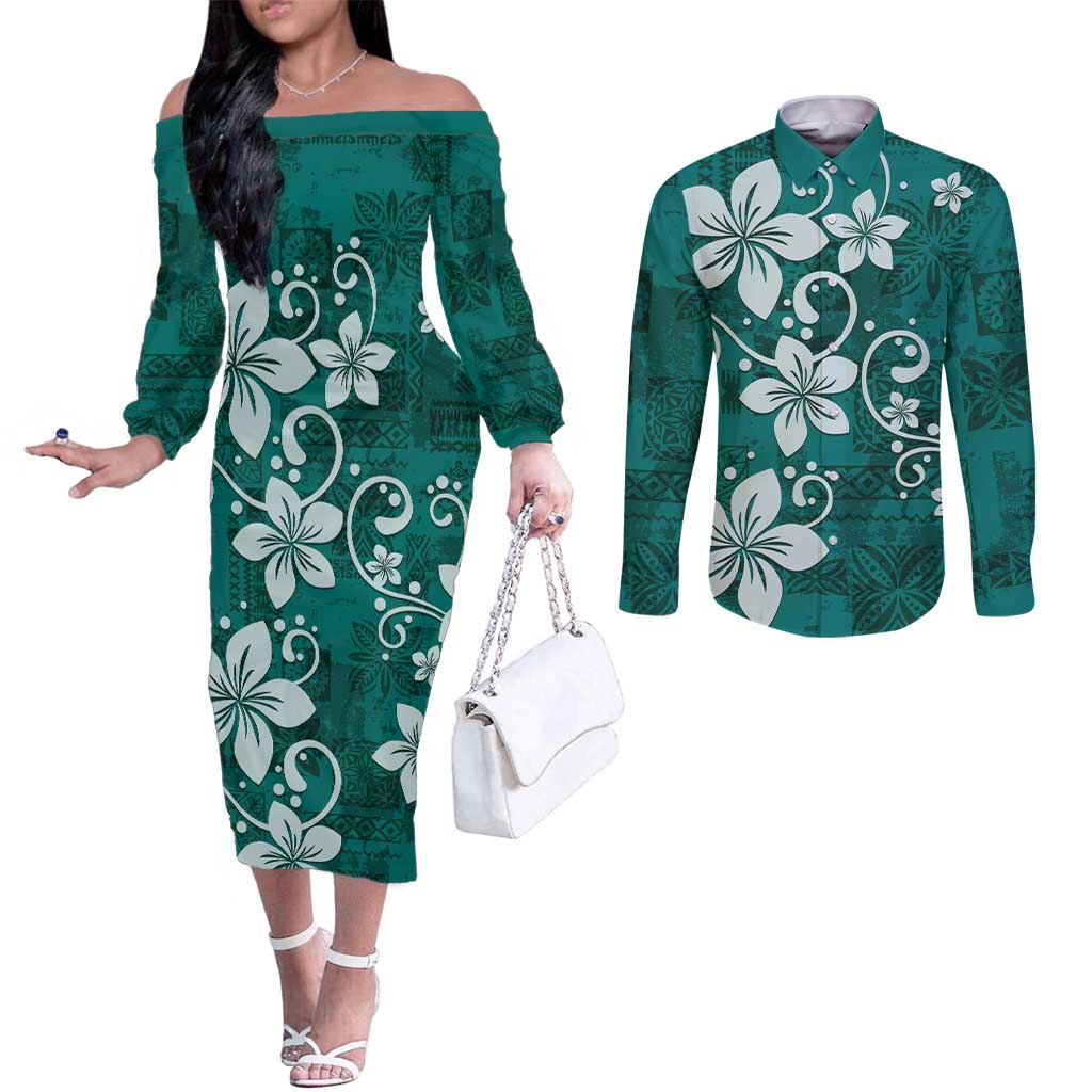 Plumeria Floral Tapa Pattern Crystal Teal Couples Matching Off The Shoulder Long Sleeve Dress and Long Sleeve Button Shirt LT01 Teal - Polynesian Pride