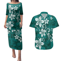 Plumeria Floral Tapa Pattern Crystal Teal Couples Matching Puletasi and Hawaiian Shirt LT01 Teal - Polynesian Pride