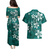 Plumeria Floral Tapa Pattern Crystal Teal Couples Matching Puletasi and Hawaiian Shirt LT01 - Polynesian Pride