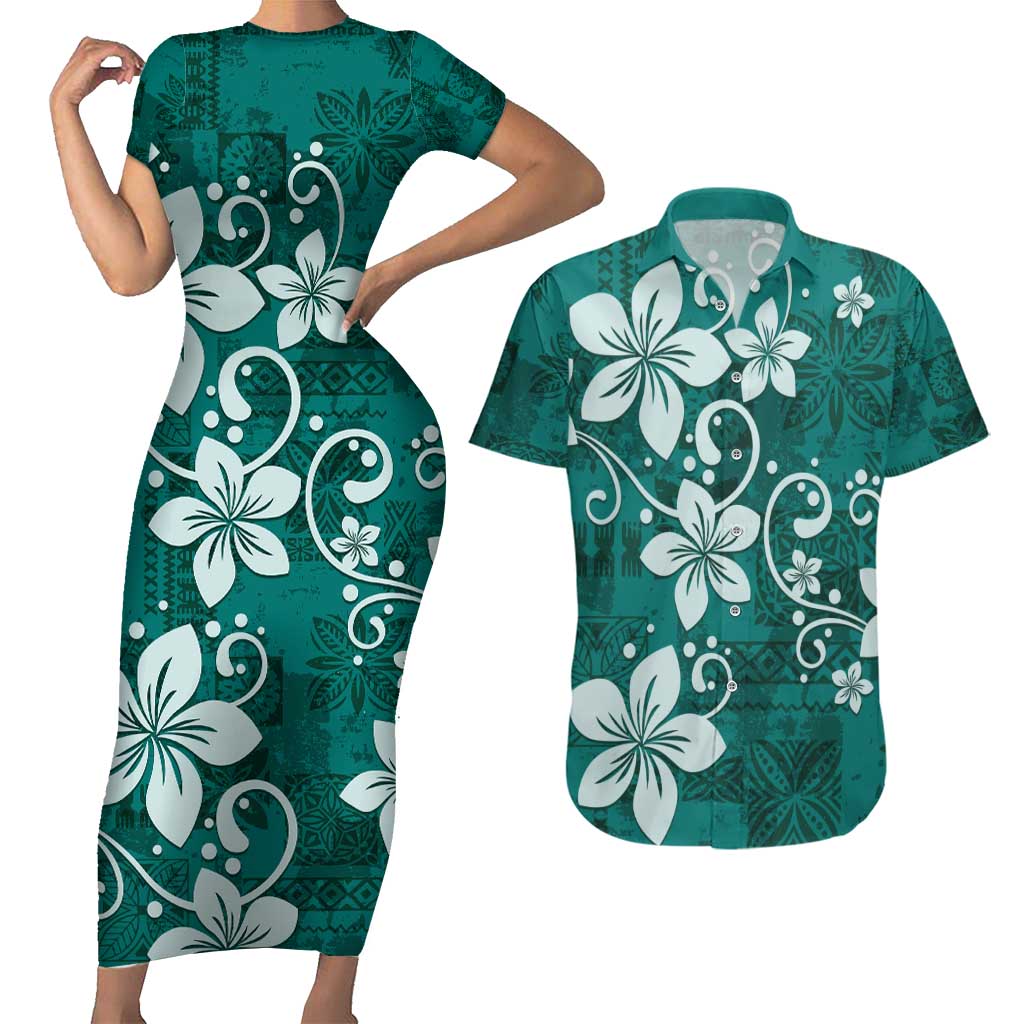 Plumeria Floral Tapa Pattern Crystal Teal Couples Matching Short Sleeve Bodycon Dress and Hawaiian Shirt LT01 Teal - Polynesian Pride