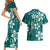 Plumeria Floral Tapa Pattern Crystal Teal Couples Matching Short Sleeve Bodycon Dress and Hawaiian Shirt