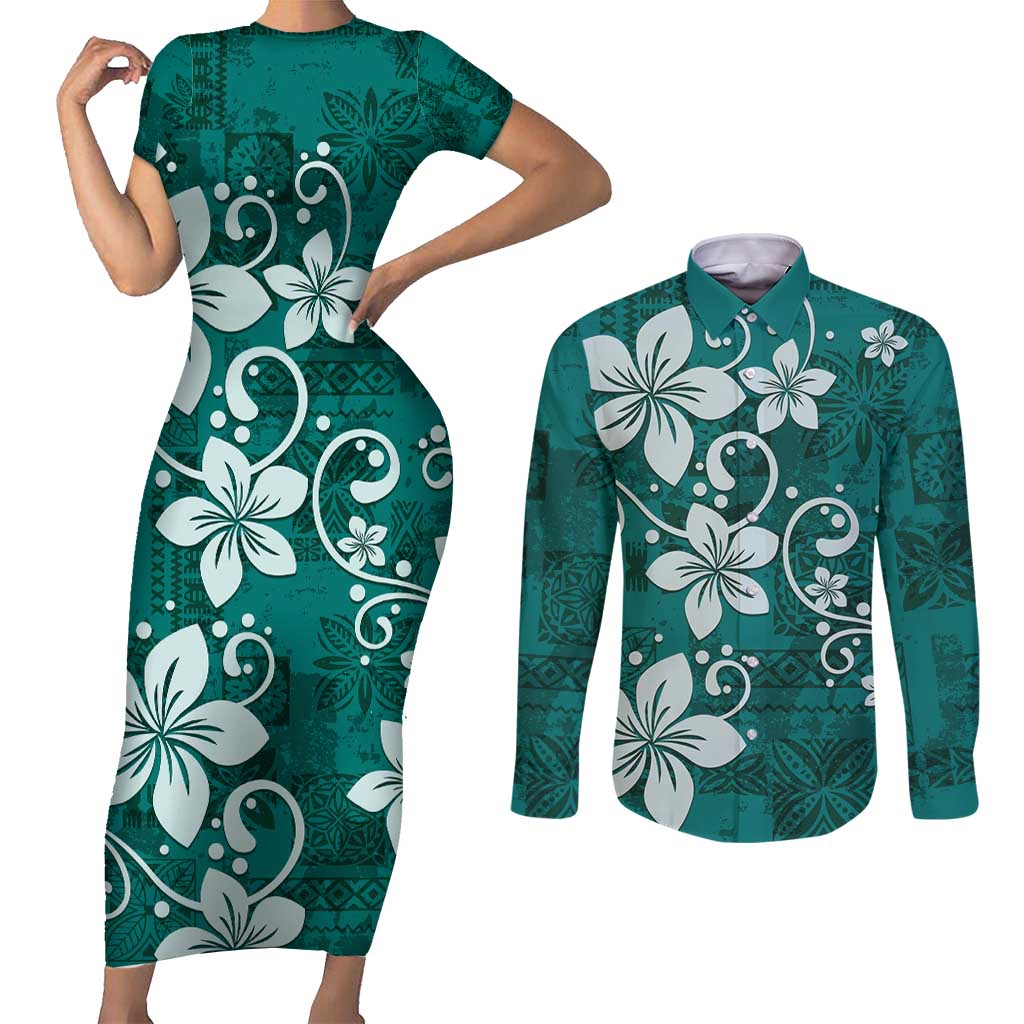 Plumeria Floral Tapa Pattern Crystal Teal Couples Matching Short Sleeve Bodycon Dress and Long Sleeve Button Shirt LT01 Teal - Polynesian Pride