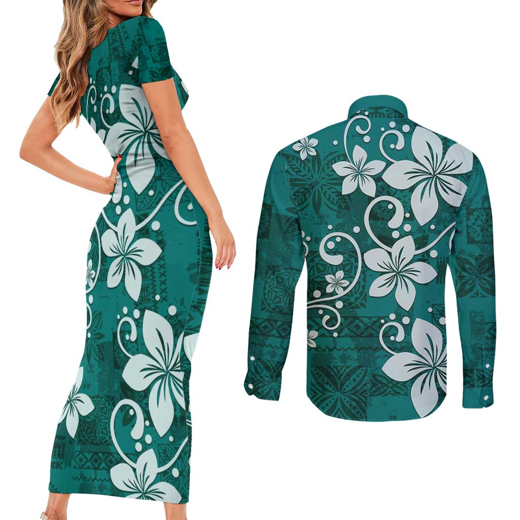 Plumeria Floral Tapa Pattern Crystal Teal Couples Matching Short Sleeve Bodycon Dress and Long Sleeve Button Shirt LT01 - Polynesian Pride