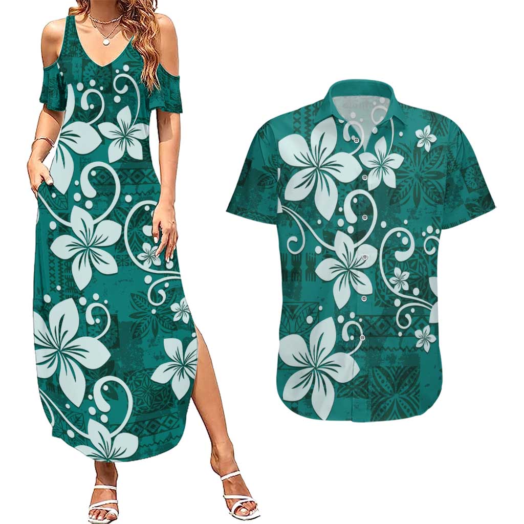 Plumeria Floral Tapa Pattern Crystal Teal Couples Matching Summer Maxi Dress and Hawaiian Shirt LT01 Teal - Polynesian Pride
