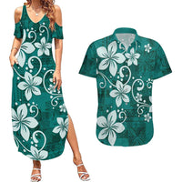 Plumeria Floral Tapa Pattern Crystal Teal Couples Matching Summer Maxi Dress and Hawaiian Shirt LT01 Teal - Polynesian Pride