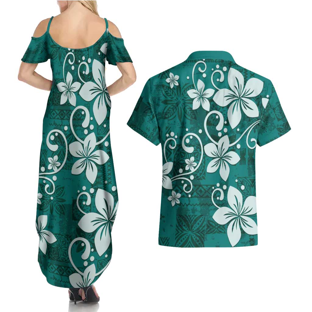 Plumeria Floral Tapa Pattern Crystal Teal Couples Matching Summer Maxi Dress and Hawaiian Shirt LT01 - Polynesian Pride